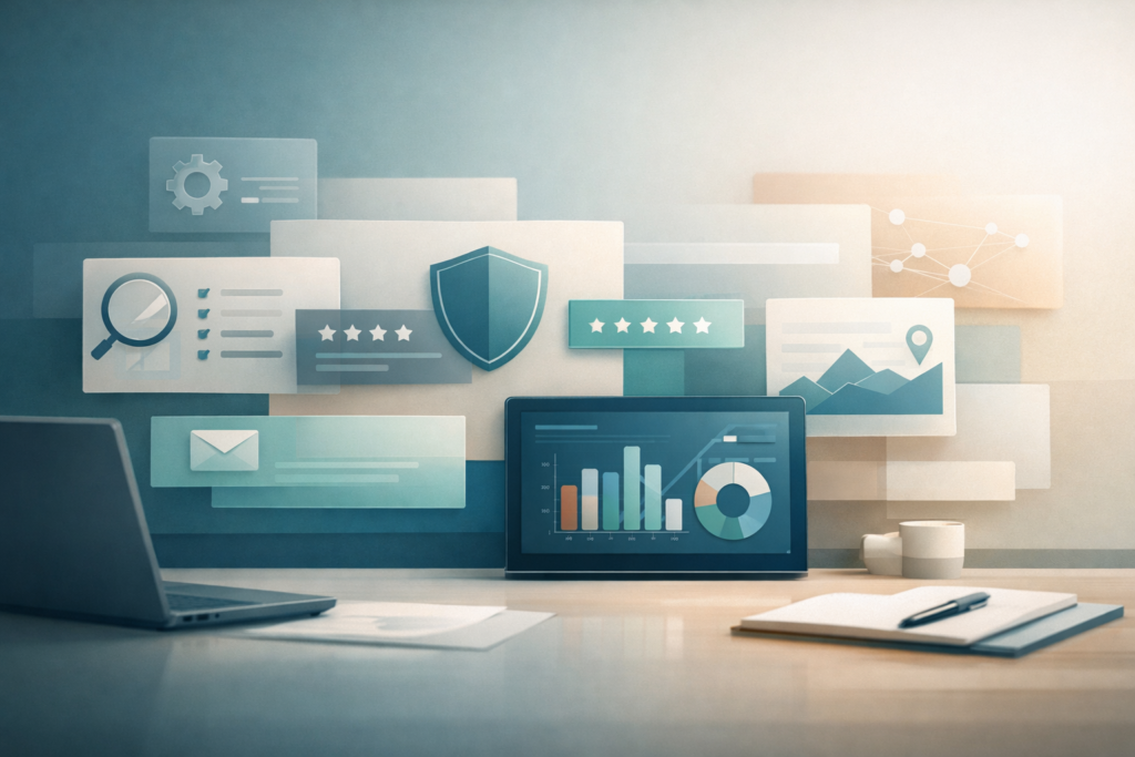 Illustratie van een laptop met zoekresultaten en AI-dashboards
